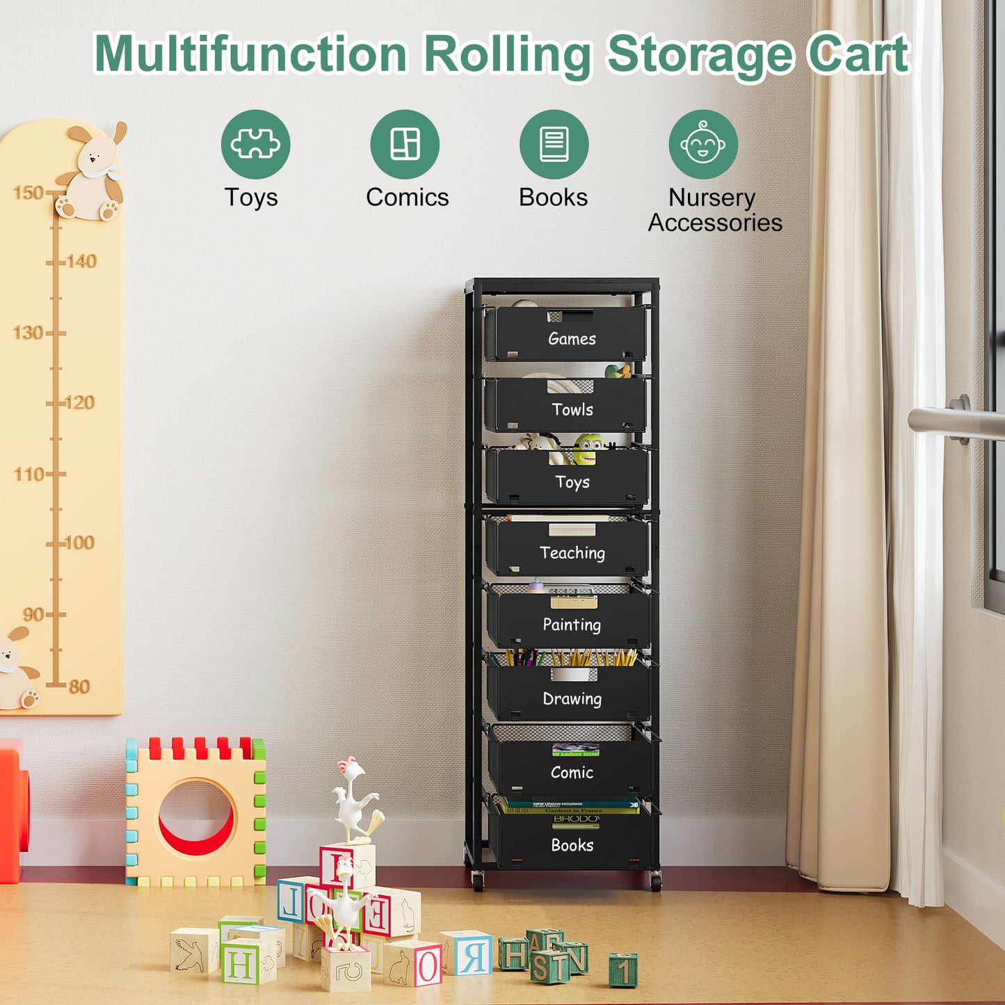 EasyPAG Rolling Storage Cart With 8 Drawers, Metal Craft Organizers And Storage Cart With Wood Tabletop, 30 Lbs Capacity Per Drawer For Home Office Classroom And Dorm, Black