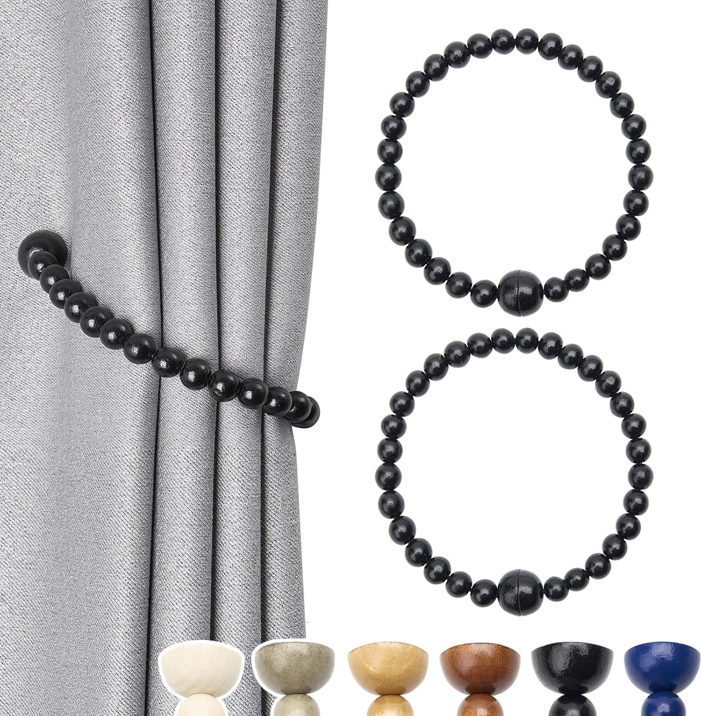 NICEEC 2 Pack Wood Bead Curtain Tiebacks, Strong Magnetic Natural Wooden Beaded Holdbacks for Draperies