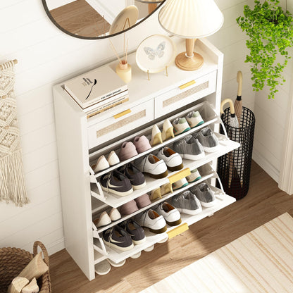 Shoe Organizer Cabinet Storage for Entryway - Slim Rattan Shoe Rack for Front Door Entrance, Narrow Hidden Shoe Cabinet with Flip Drawers, Boho Shoe Holder Cabinet，Two Doors, White, Set of 2