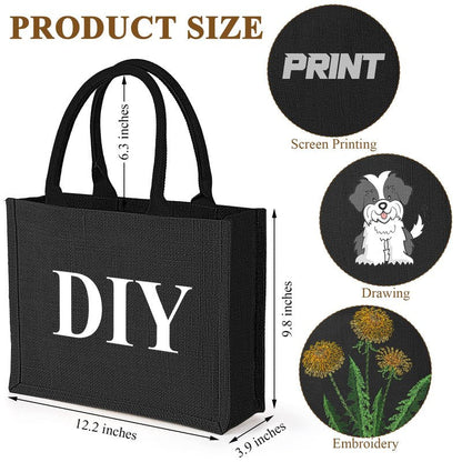 Reginary 12 Packs Black Burlap Tote Bags Jute Tote Wedding Bridesmaid Welcome Grocery Burlap Gift Bags with Handles Bulk Blank Shopping Kitchen Reusable for Market Beach DIY, 12.2 x 3.94 x 9.84 Inch