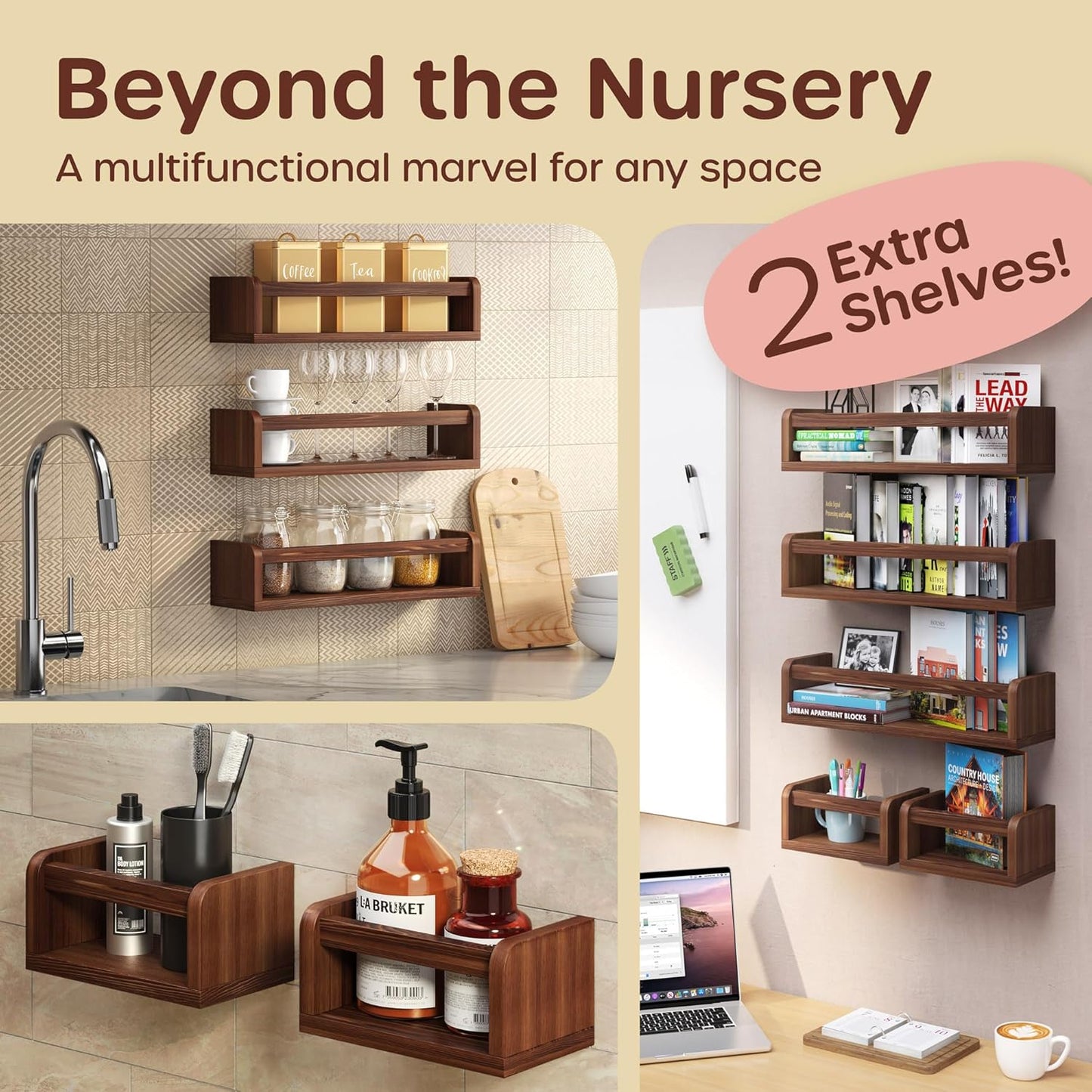 3 2 HOMEY PANDA Wall-Mounted Nursery Bookshelves - Long + Mini Shelves, Kids Room Storage (Walnut Pine Wood)