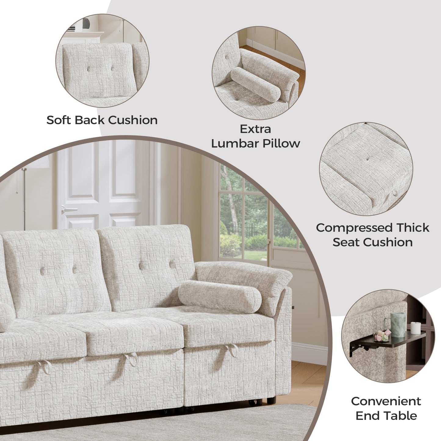 Trygoal Convertible Sleeper Sofa Bed, 63 Inch Chenille Pull Out Couch with Side Table & Adjustable Backrest, Sectional Sleeper Sofa with Pull Out Bed for Living Room, Apartment, Beige