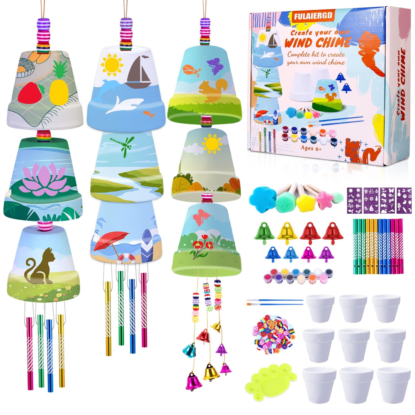 3 Pack Wind Chime Making Kit- Wind Chime Craft Painting Kit-Ceramic Pot, Bells, Stencils and Beads DIY Crafts Gifts for End of Year Student, Christmas, Birthday, Summer Decor