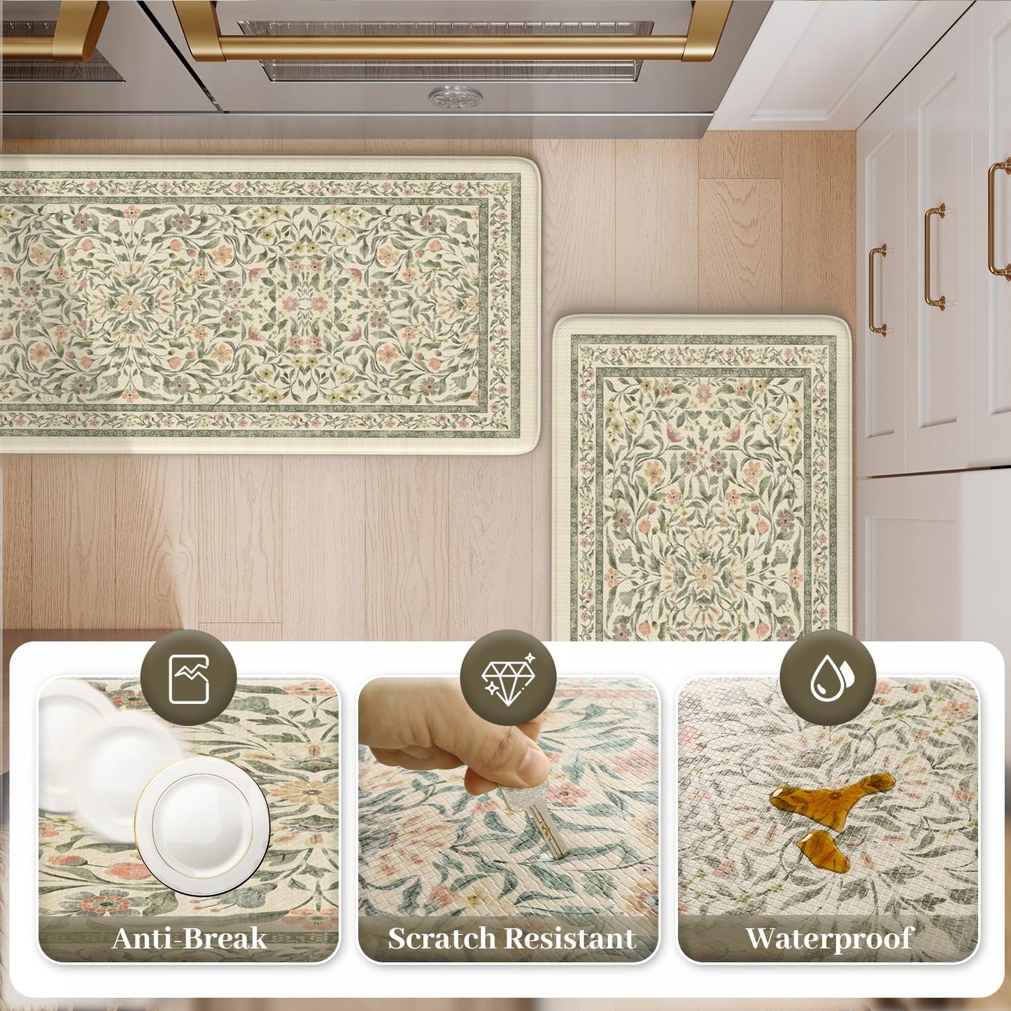 KIMODE Anti Fatigue Kitchen Mats for Floor, Boho Floral Kitchen Rugs Sets of 2, Cushioned Kitchen Floor Mats Non Slip, Comfort Spring Rugs for Kitchen Floor Sink Laundry Desk Beige 17.3"x29"+17.3"x47"