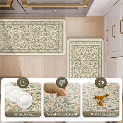 KIMODE Anti Fatigue Kitchen Mats for Floor, Boho Floral Kitchen Rugs Sets of 2, Cushioned Kitchen Floor Mats Non Slip, Comfort Spring Rugs for Kitchen Floor Sink Laundry Desk Beige 17.3"x29"+17.3"x47"