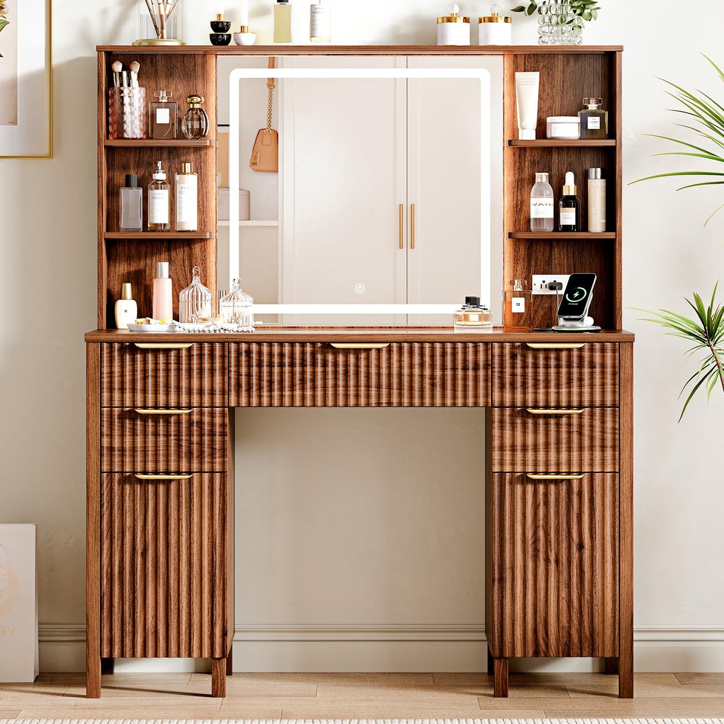 Vanity Desk with Large 27.2" Mirror and Lights 47.2" Fluted Makeup, 5 Drawer Vanity with Power Strip, 4 Open Shelves, 2 Cabinet, Modern Bedroom Vanity Featuring Visual Transparent Glass. Brown