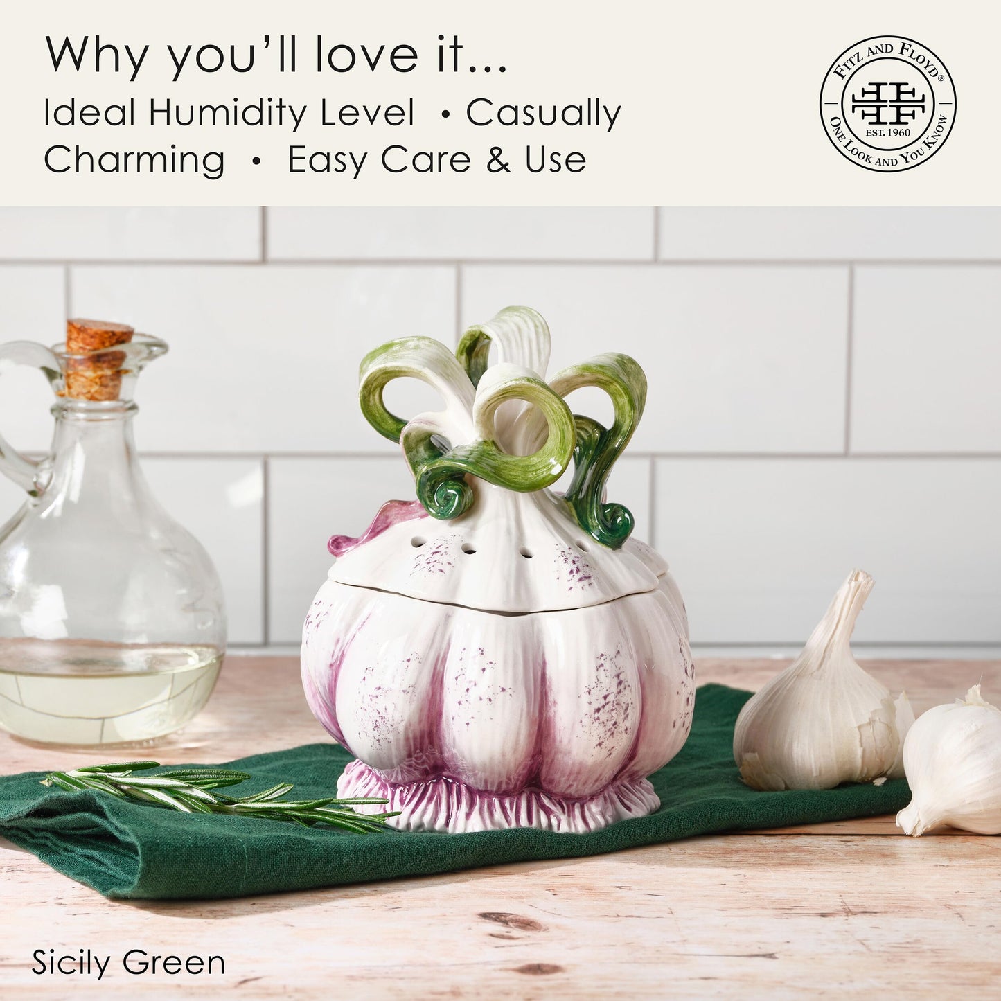 Fitz and Floyd Sicliy Green Ceramic Garlic Keeper Storage Saver