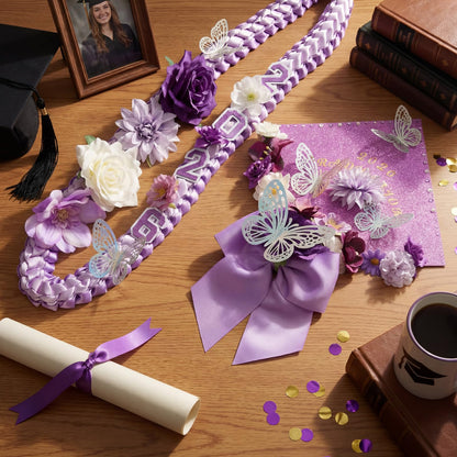Dunzoom 100 Pcs DIY Purple Graduation Leis and Cap Decorations Kit 55''Double Braided Graduation Ribbon Lei Artificial Flower 3D Butterfly Glitter Paper Grad Cap Topper Accessory for 2026 Grad