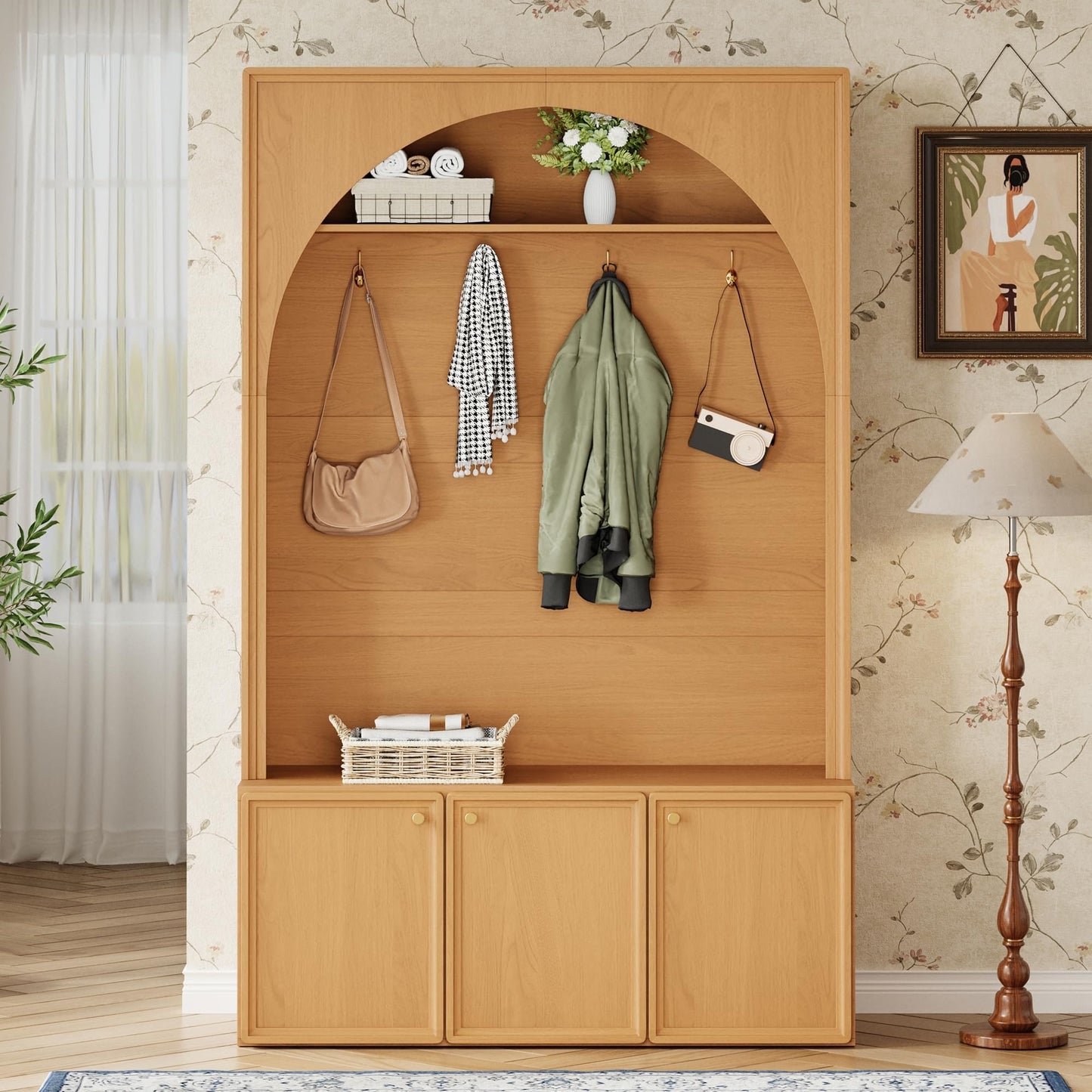 Ball & Cast Farmhouse Hall Tree with Storage Bench, 48.7" Arched Entryway Coat Rack Organizer with 4 Metal Hooks, 3 Cabinets, Adjustable Shelves, Wooden Mudroom Bench for Hallway, Natural