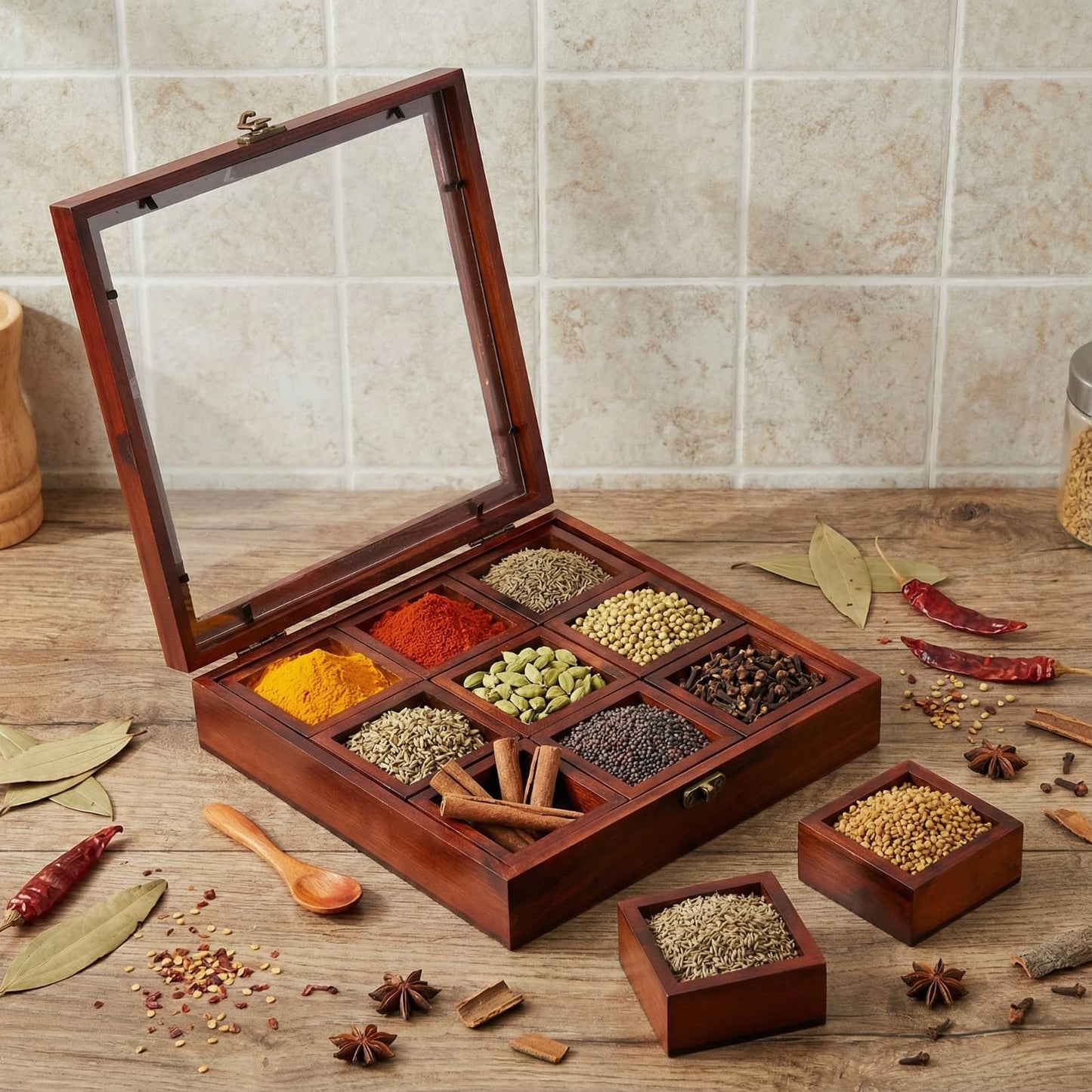 AceOrbit Wooden Spice Box with Wooden Spoon, Decorative Masala Dabba Organizer with Glass Lid, Indian Spice Storage Container, Ideal for Seasonings & Herbs (Square,9 x 9 Inch)