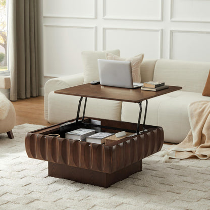 Ball & Cast 31" Square Lift-Top Coffee Table with Hidden Storage, Solid Wood Frame & Sturdy Base with Ash Veneer, Modern Minimalist Fluted Center Table for Living Room, Office & Small Spaces, Walnut