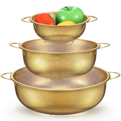 Baderke 3 Pieces Stainless Steel Gold Colander Metal Strainer with Handle Pasta Gold Colander for Kitchen Draining Pasta Rinsing Vegetables Rice Food, 3 Sizes(1-3-5 Quart,Classic)