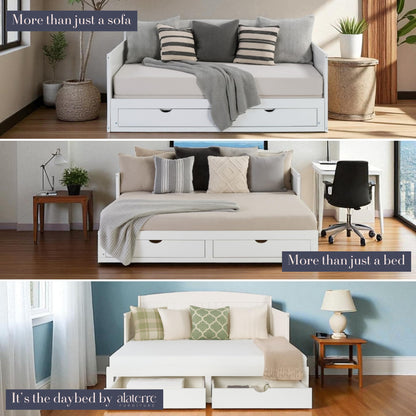 Alaterre Furniture Harmony Twin to King Daybed with Pop Up Trundle Bed - Solid Wood Twin Day Bed with 2 Pull-Out Storage Drawers and 400lb Capacity - For Kids, Guest Room, Living Room (White)
