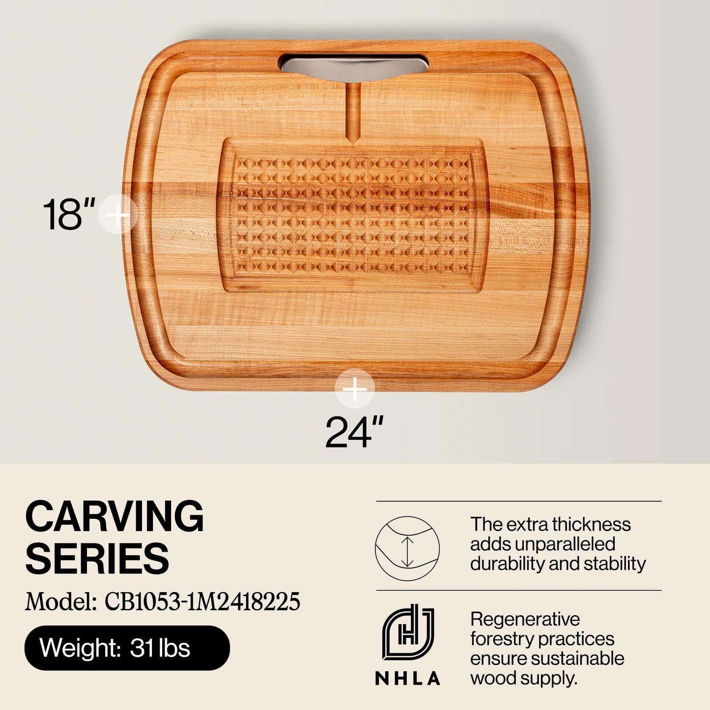 John Boos Maple Wood Cutting Board, 24”x18” – 2.25” Thick, 31-lb Reversible Wooden Butcher Block with Catch Pan, Sloped Juice Groove, Edge-Grain & Finger Grips - Carving Series