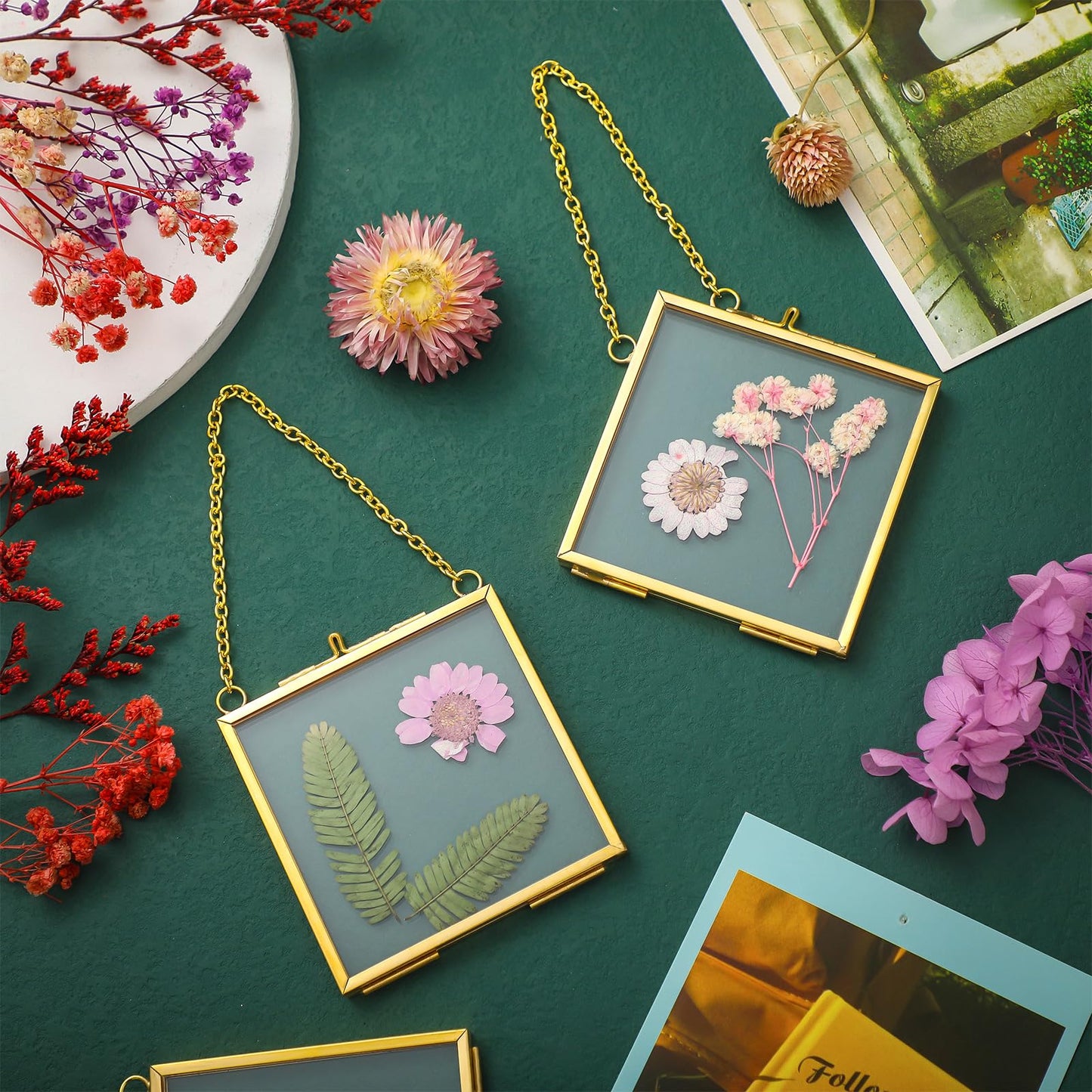 DoubleFill 12 Pcs Hanging Clear Photo Frame Double Glass for Pressed Flower Floating Frame with Chain Display Gallery Artwork Horizontal Vertical Gold Metal Rectangle Wall Decor(3 x 3 Inch)