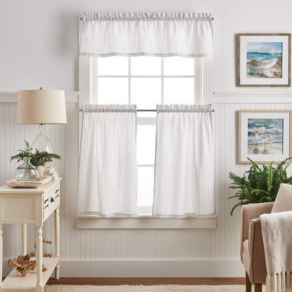 Martha Stewart Ticking Stripe 3-Piece Window Curtain Set - Valance and Tiers, White Grey