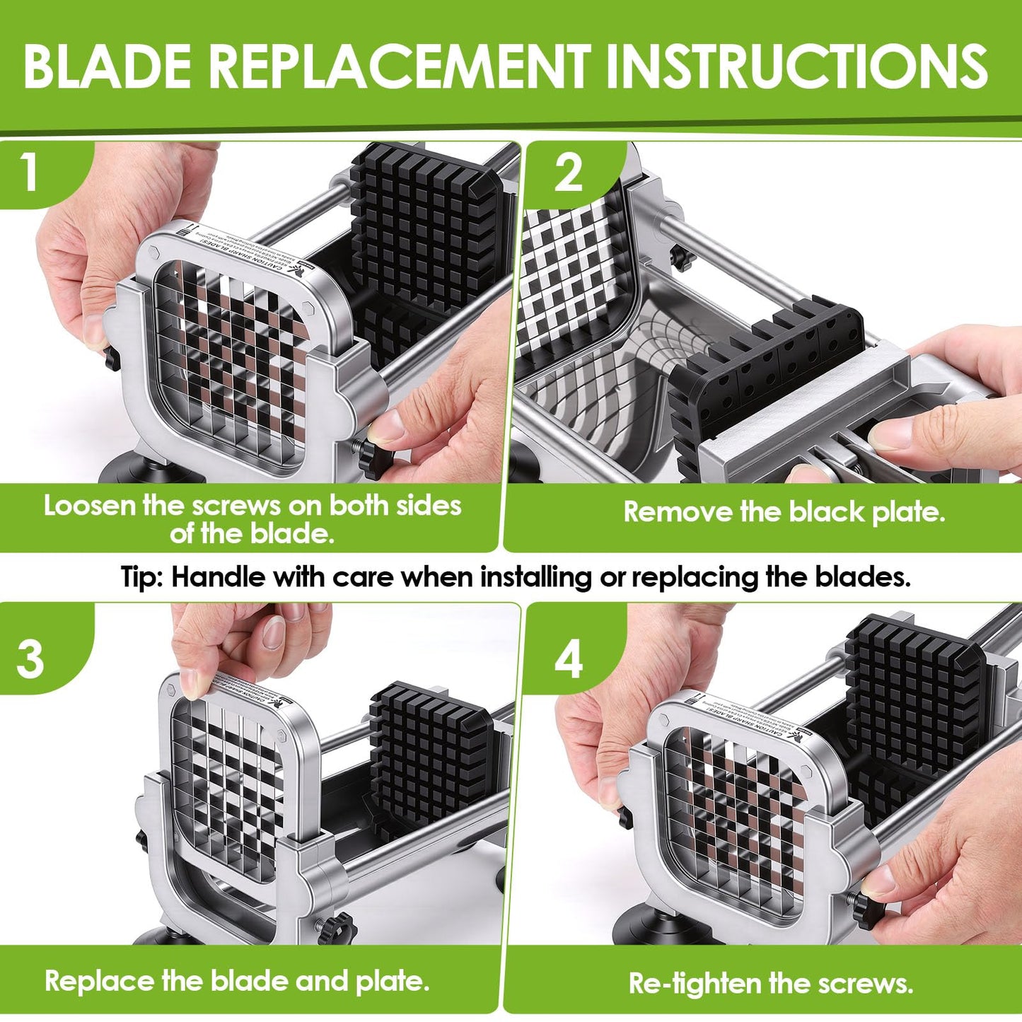 WODHMIEY Manual French Fry Cutter for Potatoes with Interchangeable Blades, Handheld Stainless Steel Potato Slicer and Fries Cutter for Home and Commercial Use (1/2'' & 1/4'' Blade)