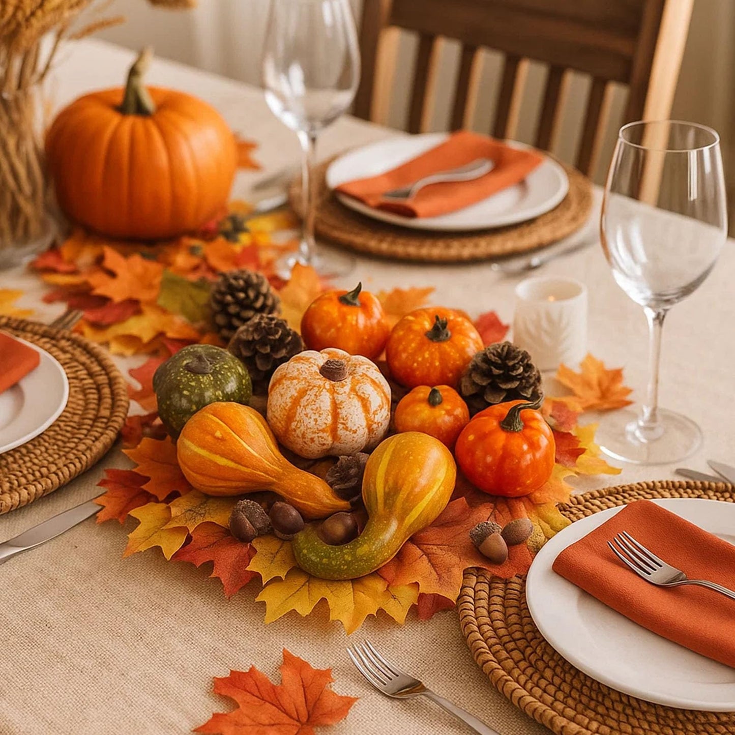 DomeStar Thanksgiving Mini Pumpkins, 8 Assorted Fake Pumpkins and Grounds 30 Maple Leaves 10 Acorns 2 Pine Cones Bowl Filler Fall Garland Wreath DIY Crafts for Harvest Table Centerpieces