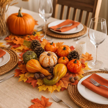 DomeStar Thanksgiving Mini Pumpkins, 8 Assorted Fake Pumpkins and Grounds 30 Maple Leaves 10 Acorns 2 Pine Cones Bowl Filler Fall Garland Wreath DIY Crafts for Harvest Table Centerpieces