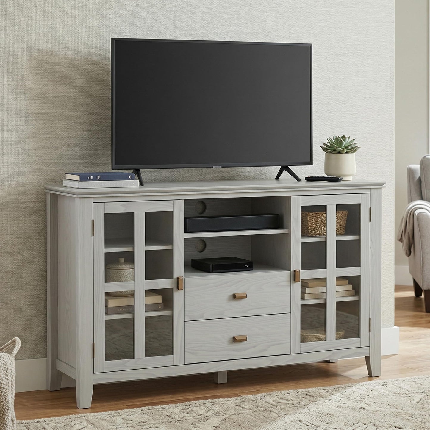 SIMPLIHOME Artisan TV Stand - 53 inch Wide Solid Wood Tall Media Console in Fog Grey, Contemporary Entertainment Center for Living Room for TVs up to 60 Inches with Drawers and Cable Management