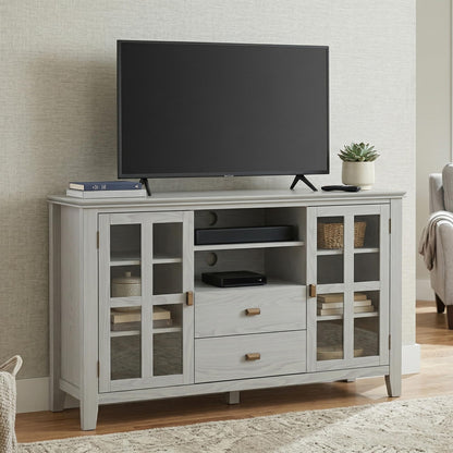 SIMPLIHOME Artisan TV Stand - 53 inch Wide Solid Wood Tall Media Console in Fog Grey, Contemporary Entertainment Center for Living Room for TVs up to 60 Inches with Drawers and Cable Management