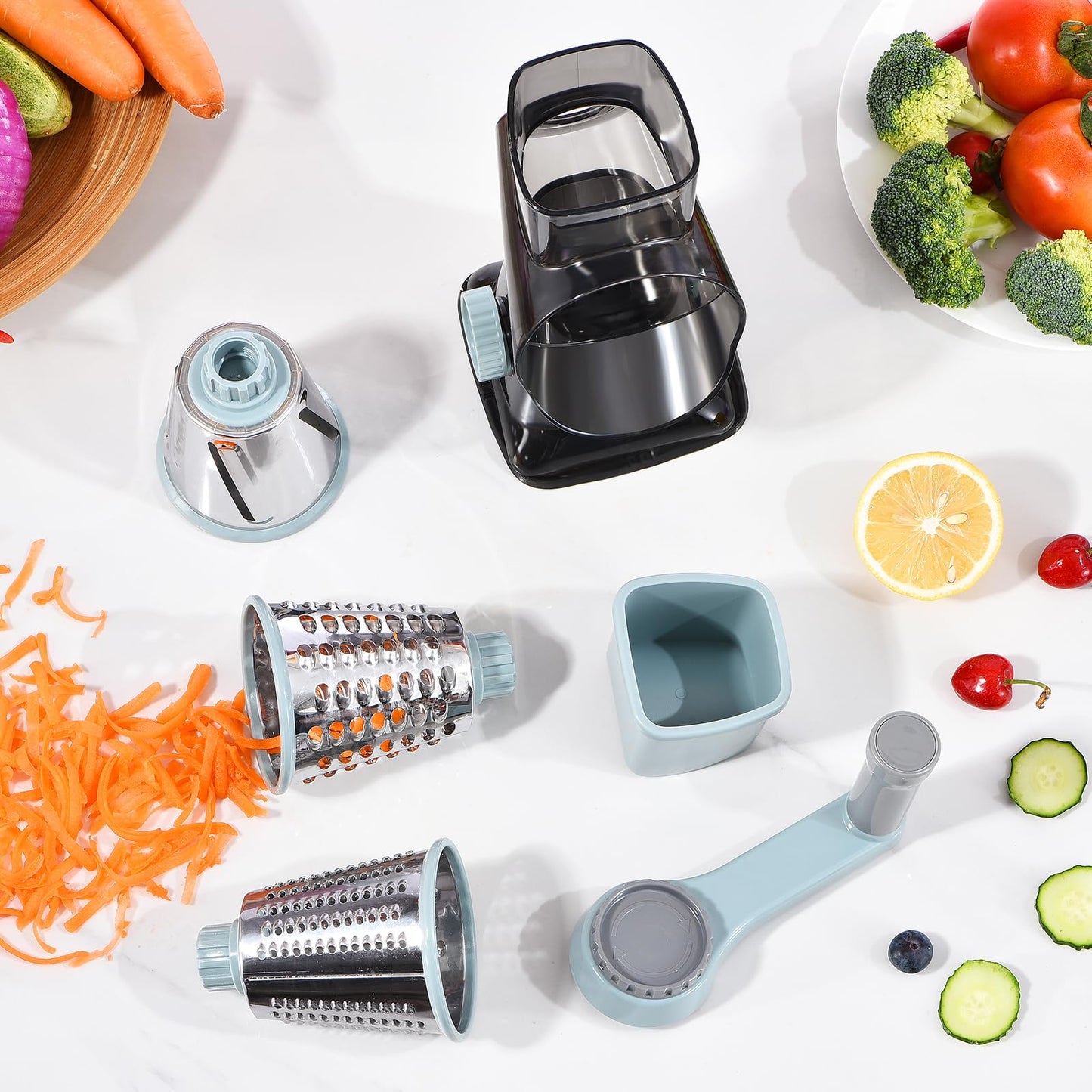 Rotary Cheese Grater with Handle Kitchen Shredder Slicer Grater Slicer Ice Shaver Cheese Vegetable Nuts Potato Zucchini Chocolate 3 Interchangeable Blades (GreyBlue