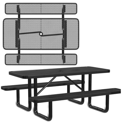 Leisure Craft Metal Picnic Table with Bench - 6 ft Rectangle Outdoor Dining Table for 6, Umbrella Hole, Weatherproof Heavy Duty Thermoplastic Coating, Commercial Grade Furniture Made in USA - Black