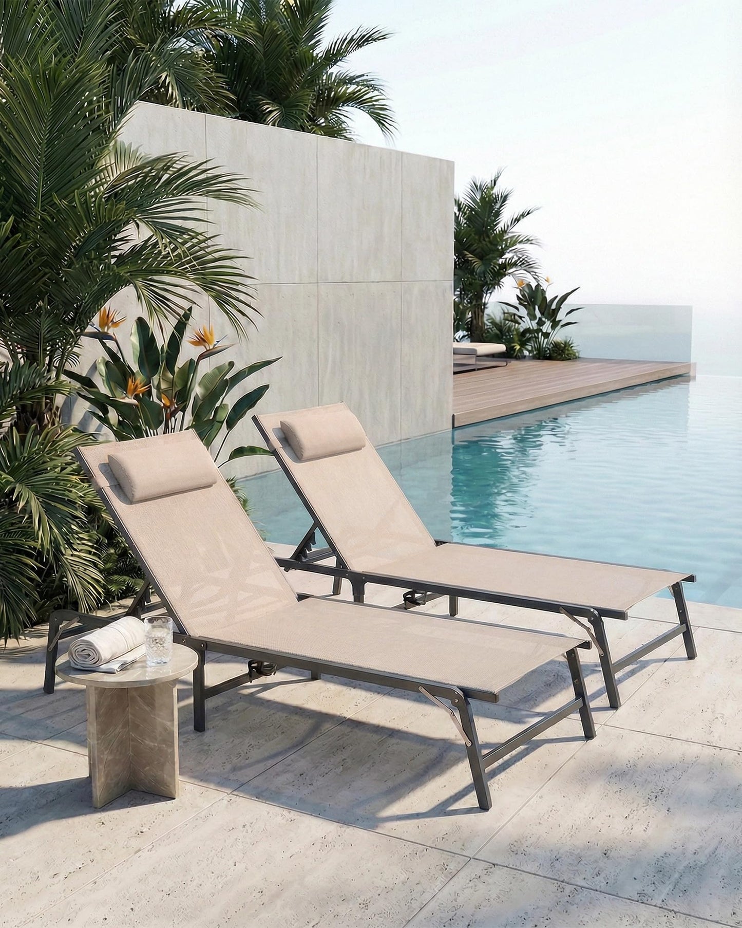 2 Pack Foldable Chaise Lounge Chair with Cup Holder, Assemble-Free Outdoor Lounge Chair with Detachable Pillow and 6 Adjustable Backrest, Patio Lounge Chair for Outside Poolside Beach Pool, Khaki