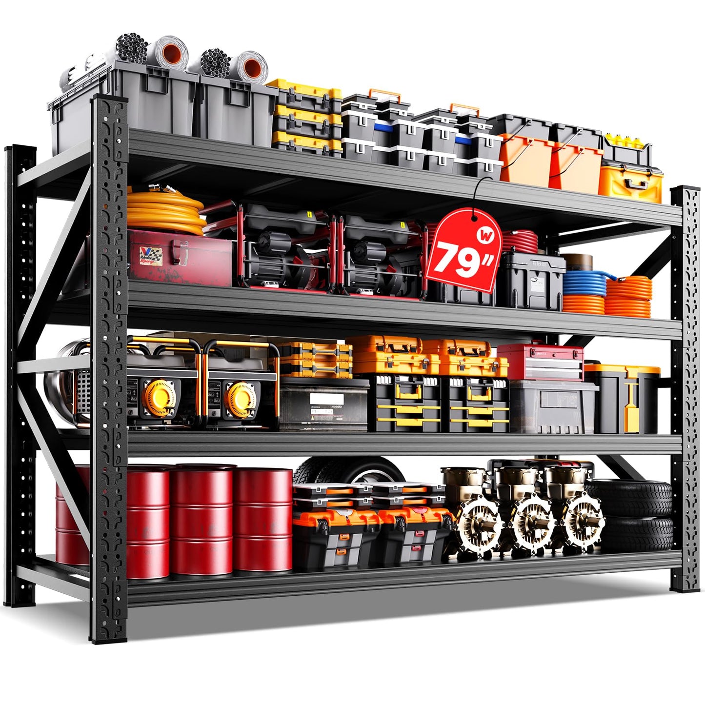 79"W Garage Shelving,8000lb Heavy Duty Storage Shelves,Industrial Metal Storage Shelving,Easy to install Standing Garage Shelf,4 Tier Adjustable Shelving Unit for Warehouse,Basement,74"H x 79"W x 24"D