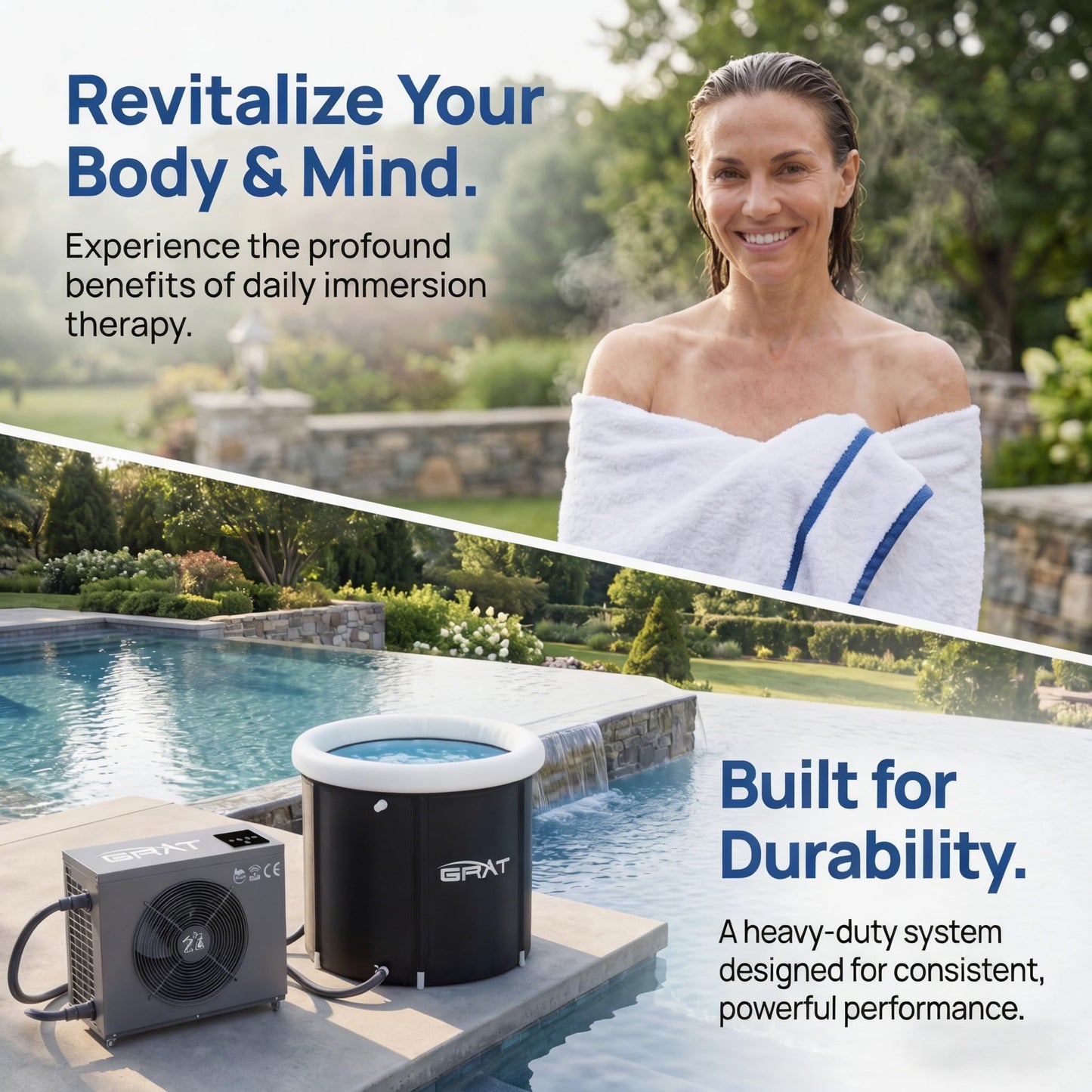 GRAT 1.5HP Cold Plunge Chiller 88 Gallon Ice Bath Tub, 10500BTU Portable WiFi Cold Water Immersion Tub, Water Treatment Kit, Wheels & Backpack for Athletes, Home Gym & Outdoor Use, Cools to 36°F