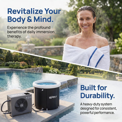 GRAT 1.5HP Cold Plunge Chiller 88 Gallon Ice Bath Tub, 10500BTU Portable WiFi Cold Water Immersion Tub, Water Treatment Kit, Wheels & Backpack for Athletes, Home Gym & Outdoor Use, Cools to 36°F
