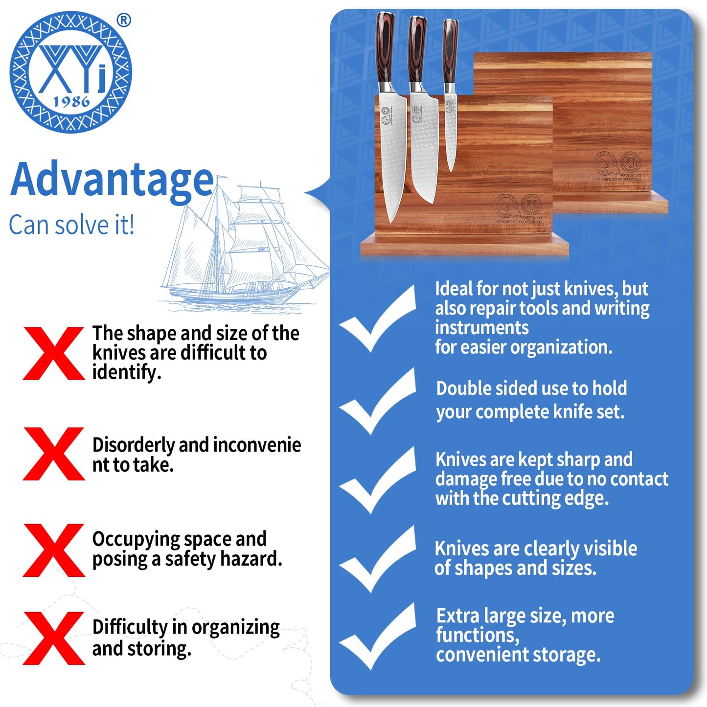 XYJ Authentic Since 1986, Magnetic Knife Block, Double Side Kitchen Knife Stand, Acacia Wood, Magnetic Knife Holder with Strong Enhanced Magnets,Knives Storage Rack Stand for Home Kitchen