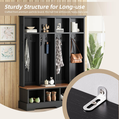 WZONICE98 76.7" Hall Tree with 8 Hooks, Farmhouse Entryway Bench with Shoe Storage Compartments, 3-in-1 Coat and Shoe Rack for Mudroom, Living Room, Black