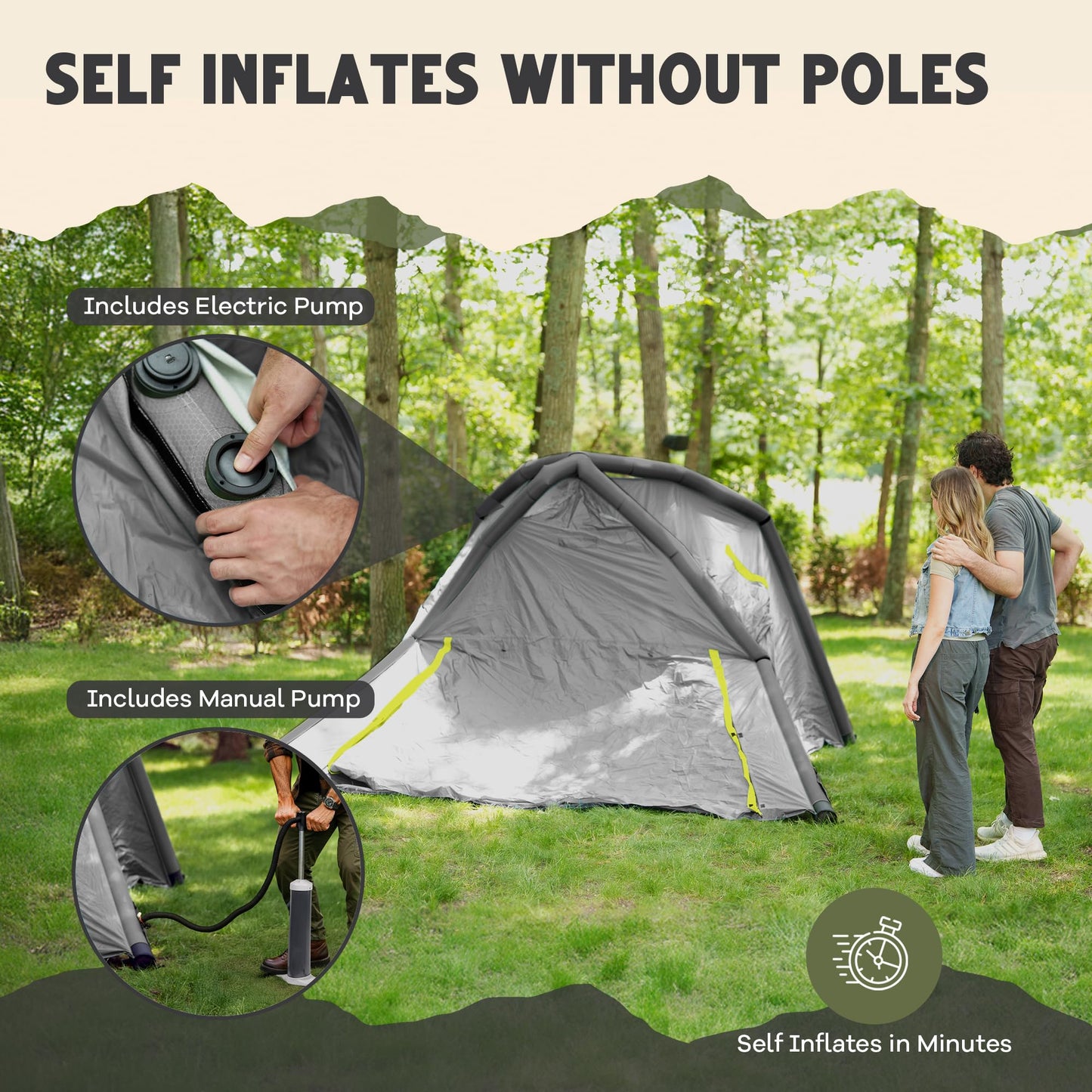 Oaktiv Inflatable Tents for Camping - CloudCamp Glamping Tent for 6 People Waterproof Oxford Fabric(210D), Quick Setup Air Tent with Manual & Battery Pump, UV Protection, 4-Season Inflatable Tent