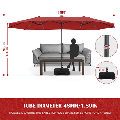 Sundale Outdoor Solar 15 ft 144 LED Olefin 5-Year-Non-Fading Patio Umbrella with Sandbag Base Included and Cover, Outdoor Double-Sided Umbrella with Lights, Red