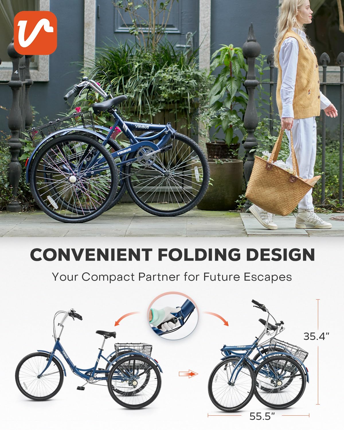 VIRIBUS Folding Tricycle for Adults, 7 Speed Foldable Adult Tricycle with Removable Wheeled Basket, Folding 3 Wheel Bikes for Adults Men Male Seniors 26 inch, Collapsible Trike 330 LB. Blue