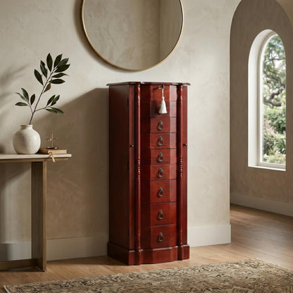 Hives and Honey Sheffield Traditional Standing Jewelry Armoire Cabinet, Antique Locking Storage Organizer with Mirror, 8 Drawers, Necklace Hooks, Anti-Tarnish Lining, Cherry