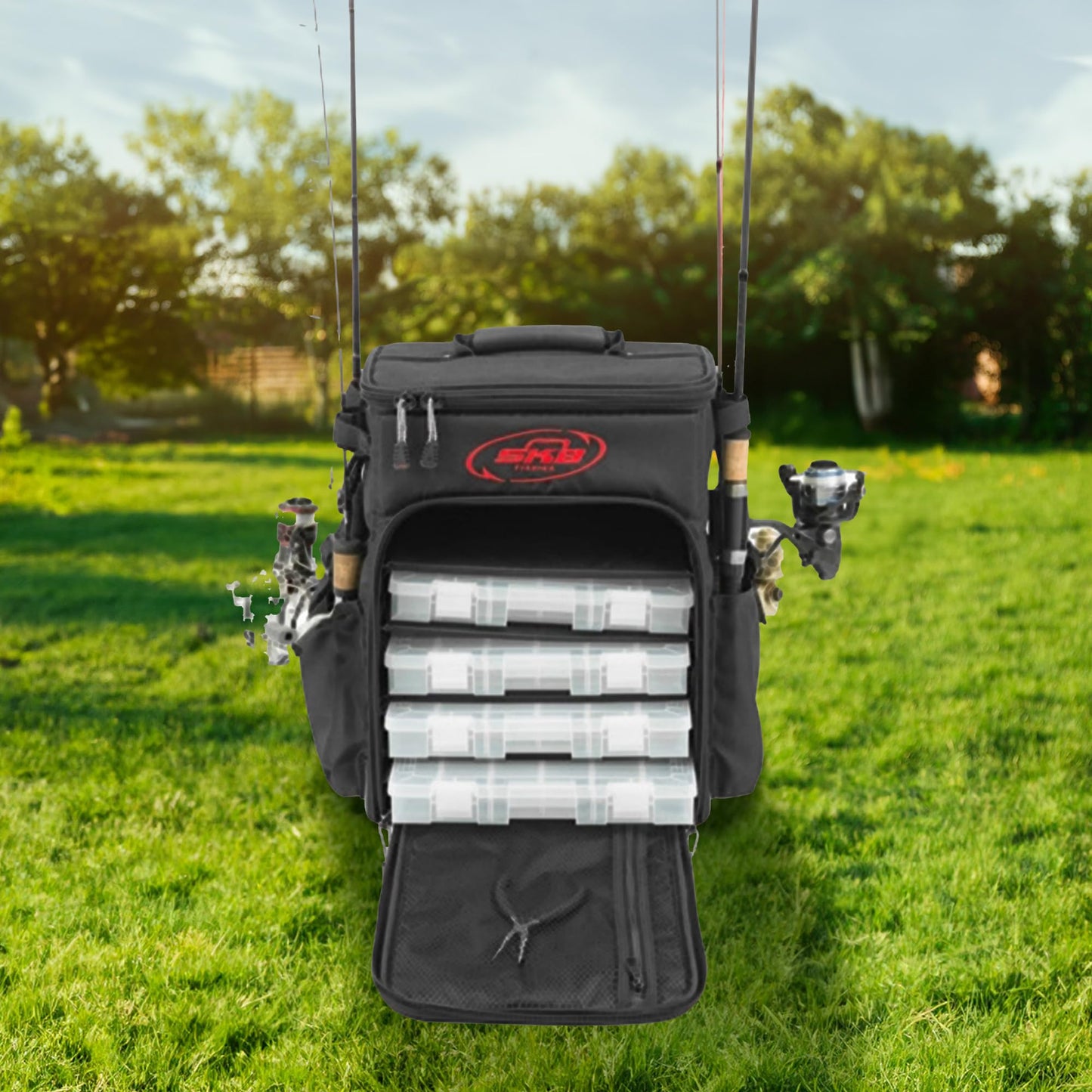 SKB Tak-Pak Backpack with Wheels, Removable Straps, and Retractable Pull Handle, Rolling Tackle Box with 4 Drawers and 5 Exterior Pockets, Black