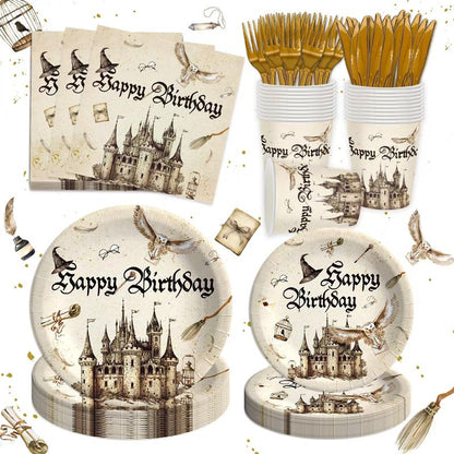 120 Pcs Magical Wizard Party Supplies for Boys Girls Witch Wizard Magic Happy Birthday Tableware Set Magical Party Plates and Napkins Kit Party Serves 20 Guests