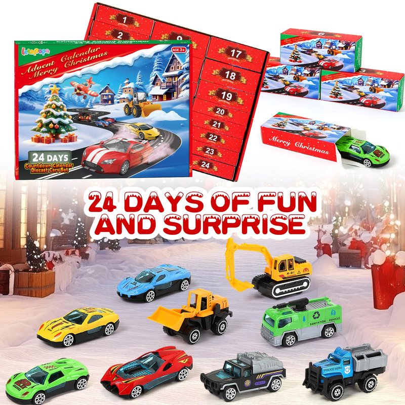Advent Calendar 2025 for Kids, 24 Days Christmas Countdown Calendar with Die-cast Cars for Toddler Boys, Christmas Advent Calendars Cars Set, Classroom Prizes Xmas Holiday Party Favor Gift for Kids