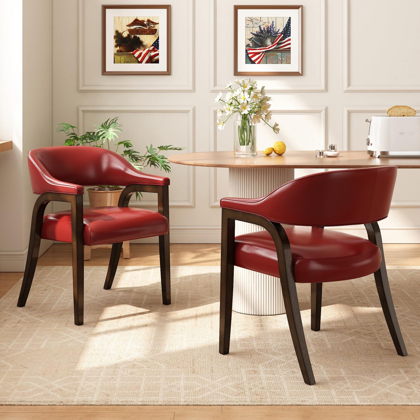 Upholstered Barrel Dining Chair Set of 6, 17.72"H Faux Leather Dining Room Chair with Arms Open-Back Dining Chairs w/ Wood "R" Legs Comfy Accent Side Chairs for Home Kitchen, Wine Red(NO TABLE!)