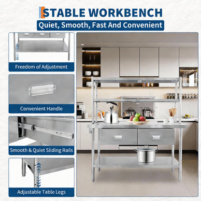Stainless Steel Table with Shelves & Drawers, 48" x 24" Prep Table for Commercial Kitchen, Heavy-Duty NSF Work Tables Workbench with Adjustable Undershelf for Home Kitchen Restaurant Garage Warehouse