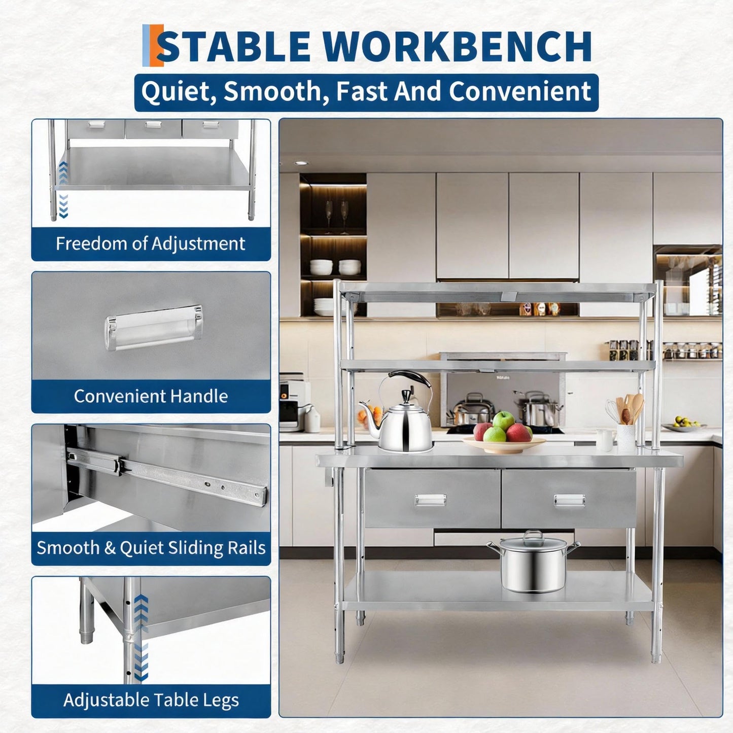 Stainless Steel Table with Overshelves and Drawers, 48" X 24" Heavy Duty Commercial Work & Prep Table with Adjustable Undershelf, Work Tables Workbench for Home Restaurant Kitchen Garage
