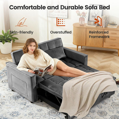 Trygoal 3 in 1 Convertible Sofa Bed, Love Seat Sleeper Bed with Side Pockets, Velvet Fabric Pull Out Couch with Adjustable Backrest for Living Room, Bedroom, Gray Apartment, Gray