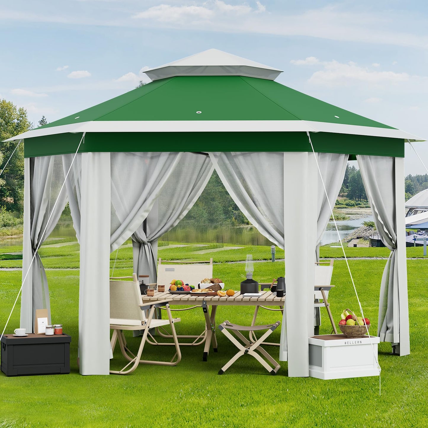 Patikuin Hexagonal Pop-Up Gazebo Tent 13x13 FT – Double Vent Roof, Mosquito Netting, UV & Water Resistant, Adjustable Height, Portable Canopy with Carry Bag for Patio, Backyard, Lawn Parties – Green