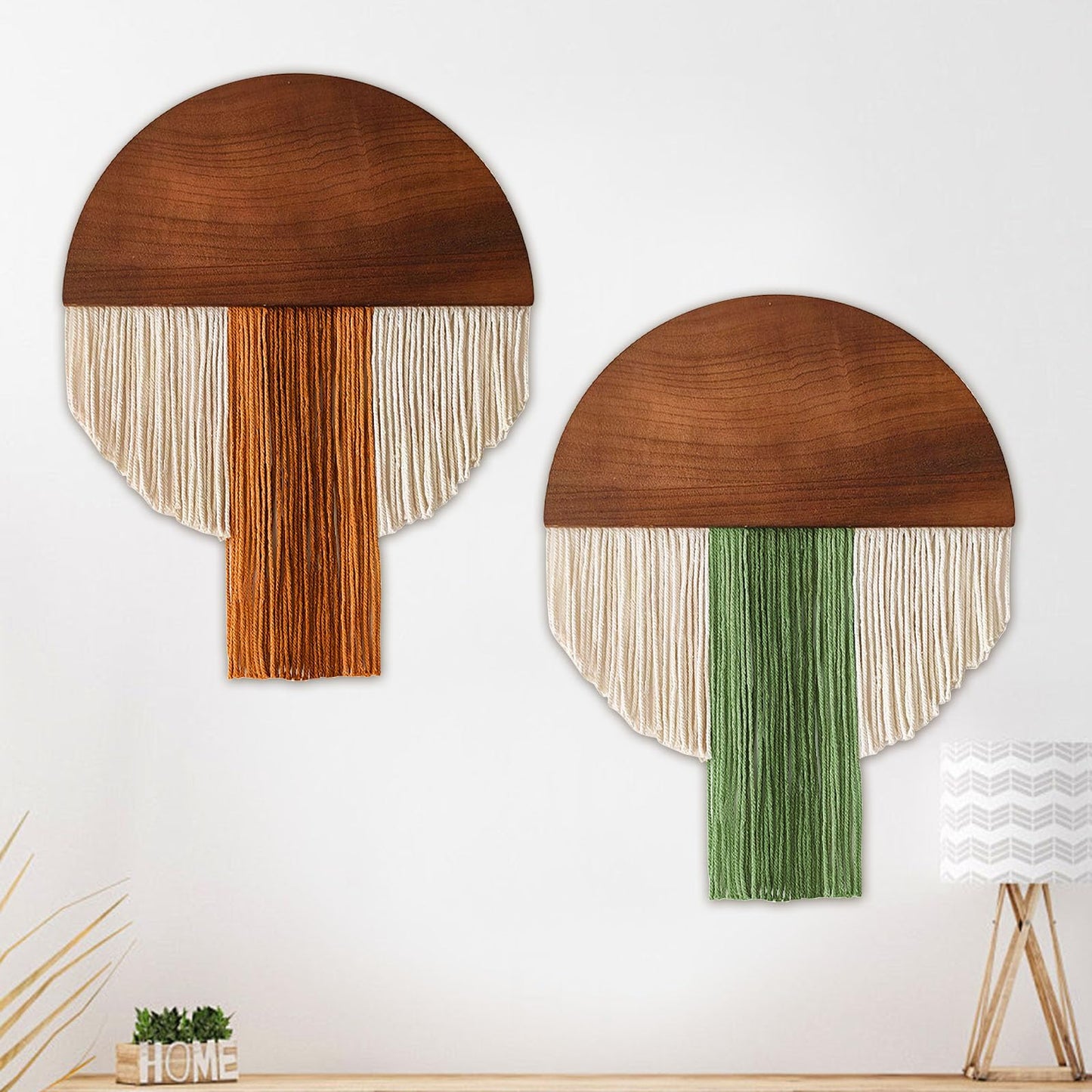 Suteng 2 Pcs Macrame Wall Hanging Bohemian Style Half-Circle Wooden Board Fringe Tapestry, Boho Decor Wall Tapestry Handmade Round Tassel for Living Room Bedroom Apartment Wall Art Headboard Decor