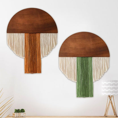 Suteng 2 Pcs Macrame Wall Hanging Bohemian Style Half-Circle Wooden Board Fringe Tapestry, Boho Decor Wall Tapestry Handmade Round Tassel for Living Room Bedroom Apartment Wall Art Headboard Decor