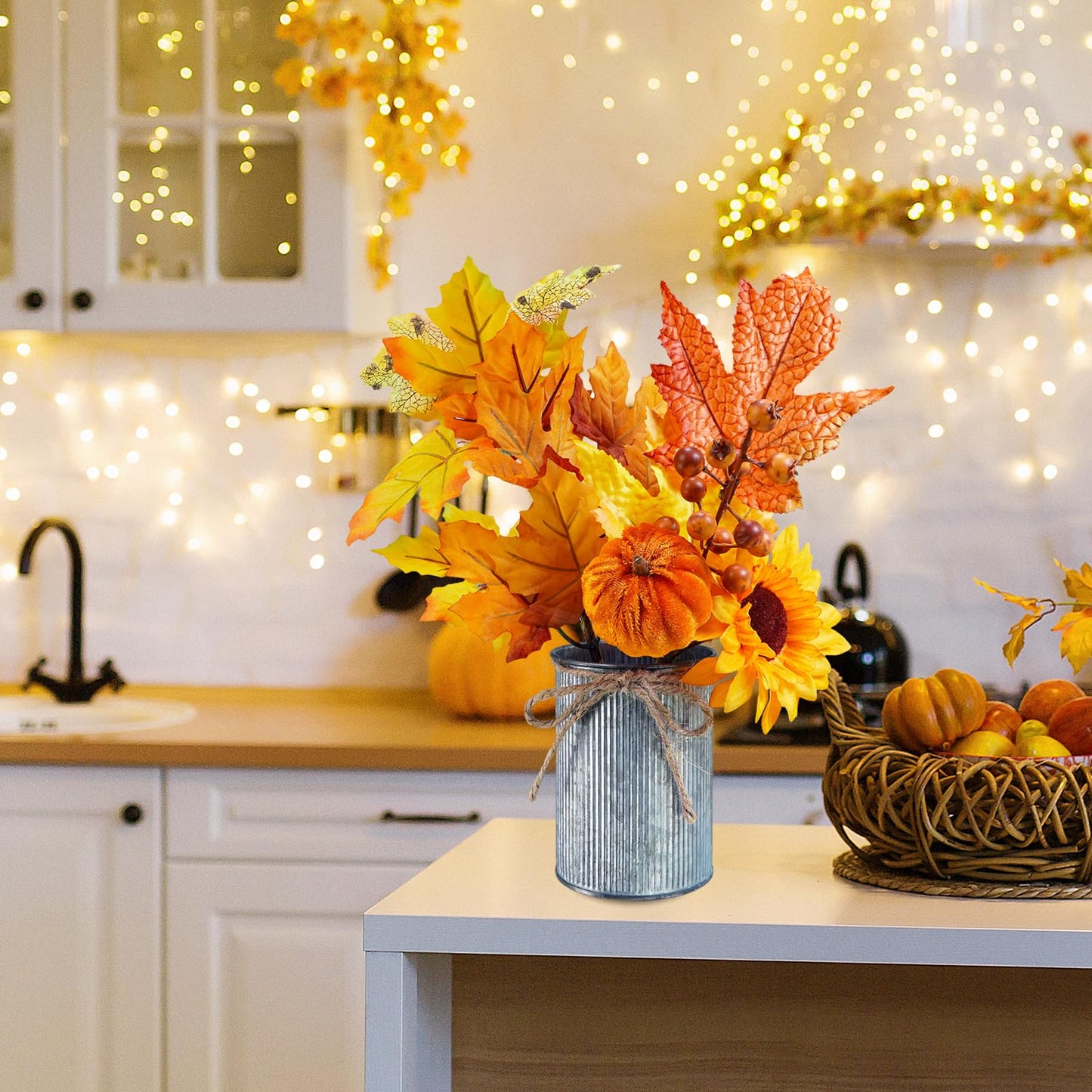 Winlyn 3 Pack Fall Faux Potted Plants Rustic Thanksgiving Floral Arrangements Artificial Fall Harvest Maple Leaf Picks in Metal Pots for Kitchen Home Autumn Wedding Table Centerpieces Mantel Decor