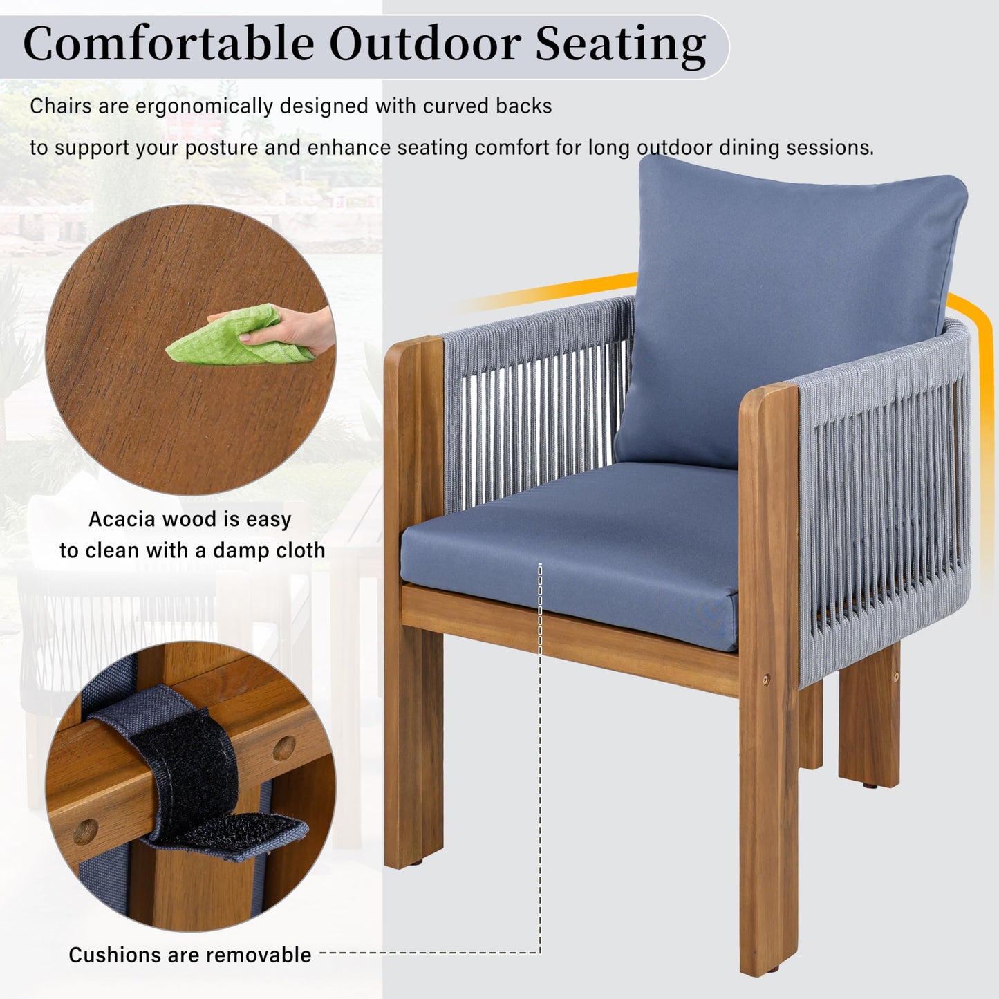 Merax Luxury 5-Piece Outdoor Patio Dining Set for 4, Solid Acacia Wood Dinning Set with Rope Woven Chairs,Farmhouse Dining Furniture Set for Garden, Backyard, Poolside, Brown+Gray