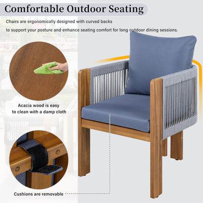 Merax Luxury 5-Piece Outdoor Patio Dining Set for 4, Solid Acacia Wood Dinning Set with Rope Woven Chairs,Farmhouse Dining Furniture Set for Garden, Backyard, Poolside, Brown+Gray